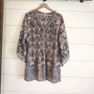 Plus Size 2X Boho Floral Tunic Top Purple Beaded V-Neck Flowy 3/4 Sleeve Blouse